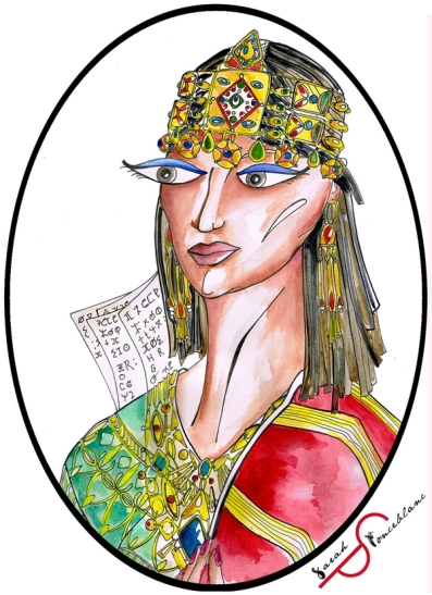 Dessin représentant Hafsa bint al-Hajj en tenue de cour, avec une robe verte et rouge et des bijoux d'or et de pierres précieuses aux oreilles et autour de la tête