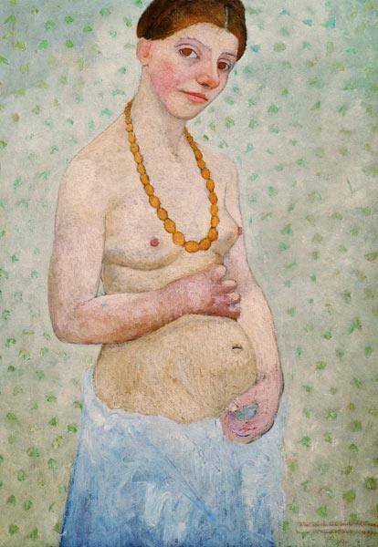 Cet autoportrait représente Paula Modersohn-Becker portant une jupe bleue et torse nue, un collier de perles entre les seins. Ses mains sont posées au-dessus et en-dessous de son ventre arrondi ; elle est enceinte.