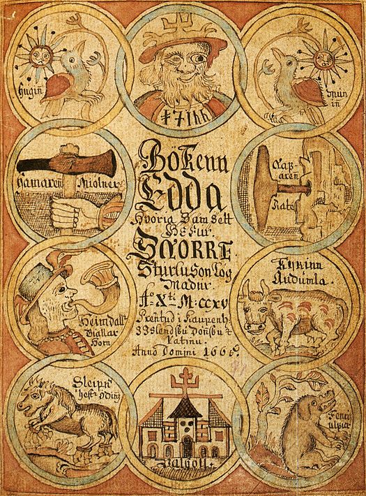 Cette image montre le frontispice d'un manuscrit médiéval des Eddas, montrant Odin, Heimdallr, Sleipnir et d'autres figures de la mythologie nordique