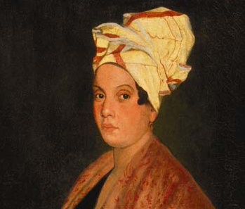 Ce tableau est un portrait de Marie Laveau. Elle est représentée de profil, portant une robe noire, avec un châle à motifs végétaux rouges couvrant ses épaules et un tissu blanc et rouge enveloppant ses cheveux.