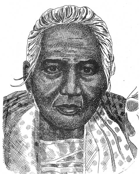 Cet image est un portrait en noir de Melchora Aquino "Tandang Sora". Elle est représentée âgée, les cheveux gris ou blancs tirés vers l'arrière, portant une boucle d'oreille.